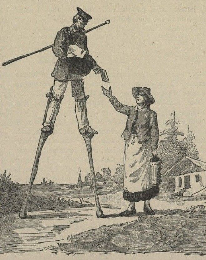 Иллюстрация середины XIX века с изображением почтальона на ходулях