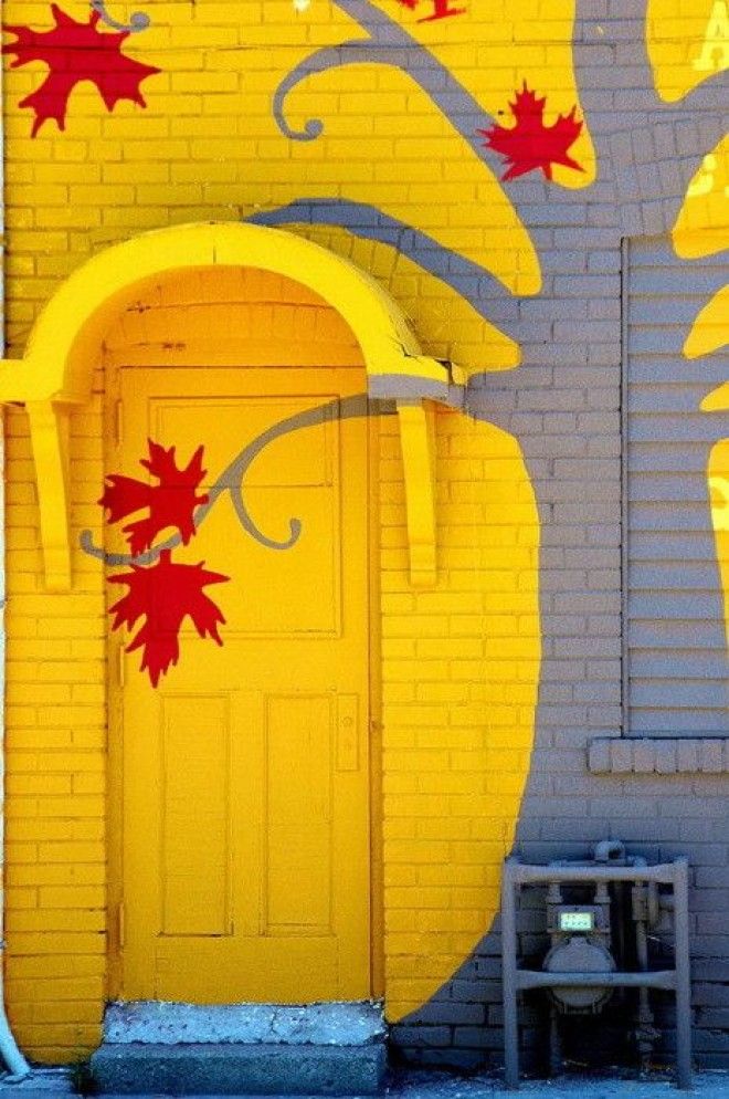 Дверь с изображенными на ней кленовыми листами которые являются символом Канады