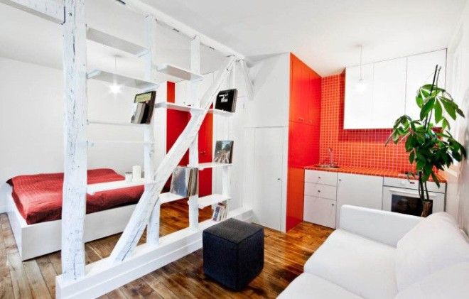 Стильная кухня и спальня с комфортабельной современной мебелью и стеллажом между комнатами 