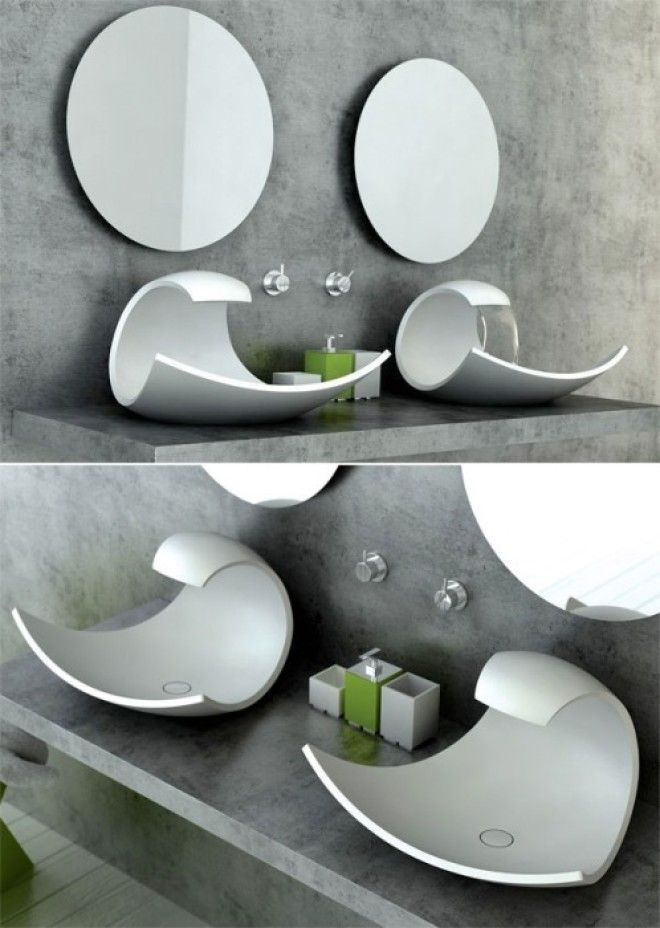 Эффектная но не очень практичная раковина необычно изогнутой формы в современном интерьере ванной комнаты 