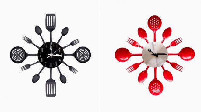 Необычные настенные кухонные часы из различных столовых приборов со стрелками в виде ножа и вилки