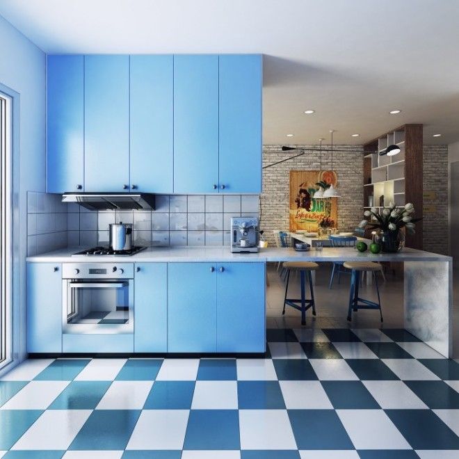 Кухня в голубой цветовой гамме выглядит очень стильно и оригинально