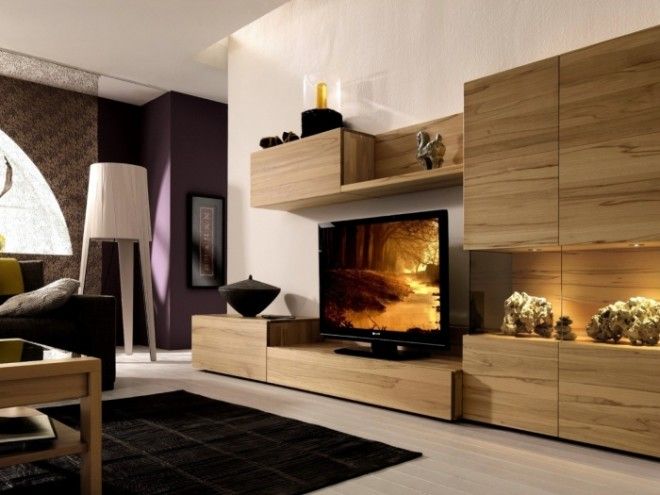 Модульная мебель из натуральной древесины светлого оттенка в интерьере гостиной комнаты 