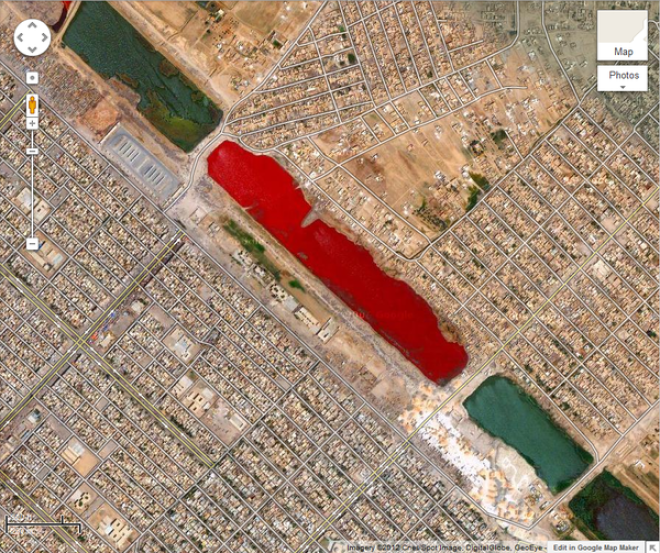 5 На Google картах можно найти кровавокрасное озеро Оно располагается за пределами СадрСити в Ираке и никто не знает почему оно такого цвета Google Карты вокруг света интересное открытия