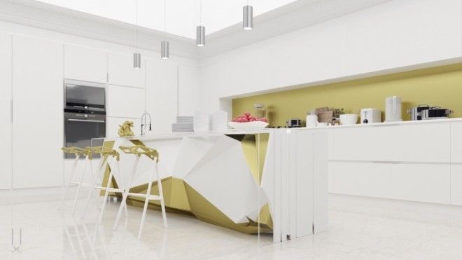 Необычным дизайнерским решениями в этой кухне можно назвать многофункциональный остров в центре помещения который оживляет всё пространство в целом